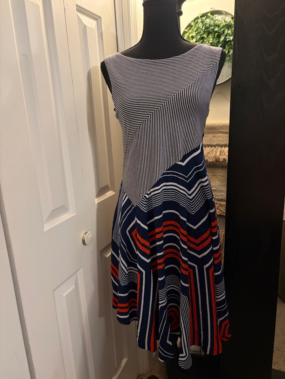 Maeve Geometric Navy, White & Red Sleeveless Midi Dress